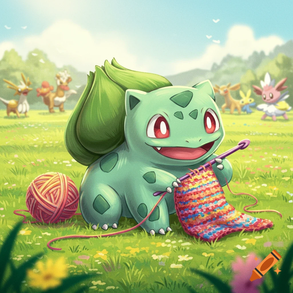 Cartoon illustration of Bulbasaur knitting in a grassy field with other Pokemon in the background.