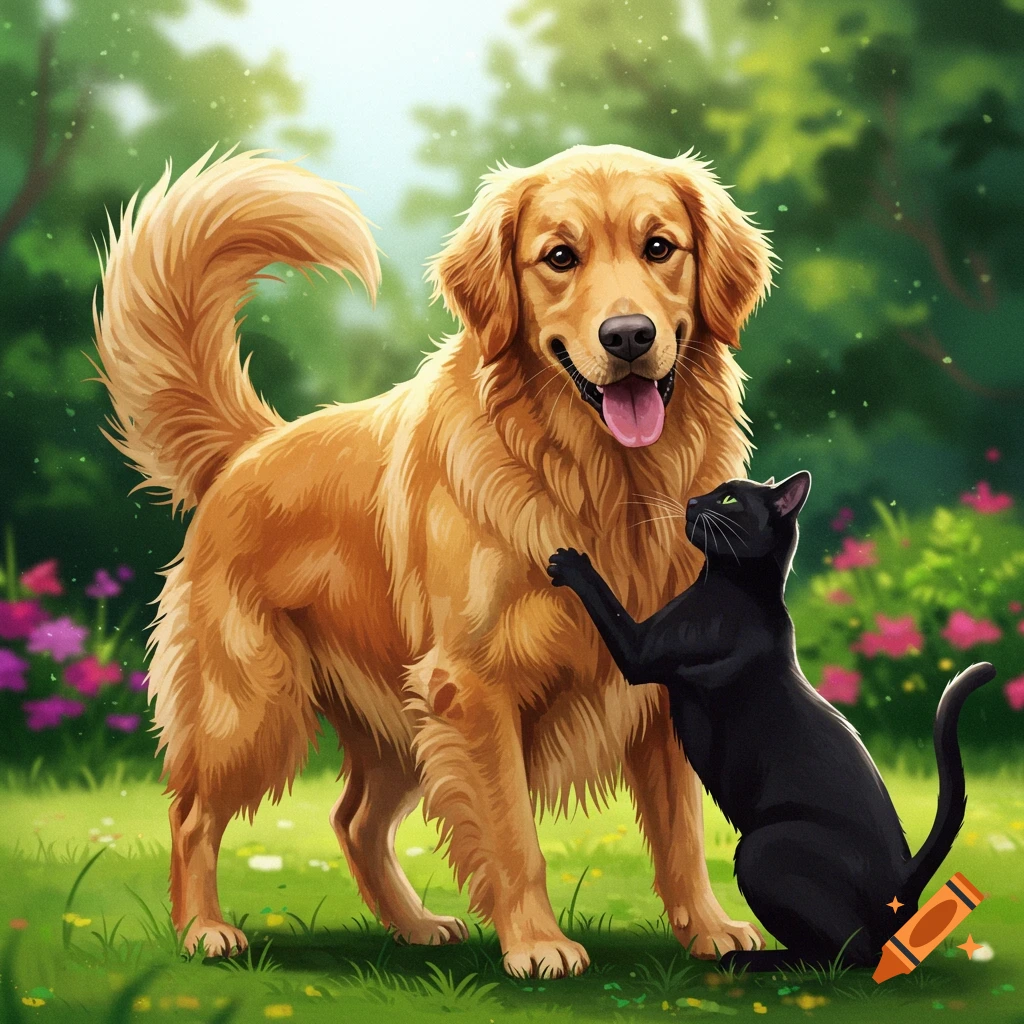 A golden retriever stands next to a black cat reaching up in a sunny garden.
