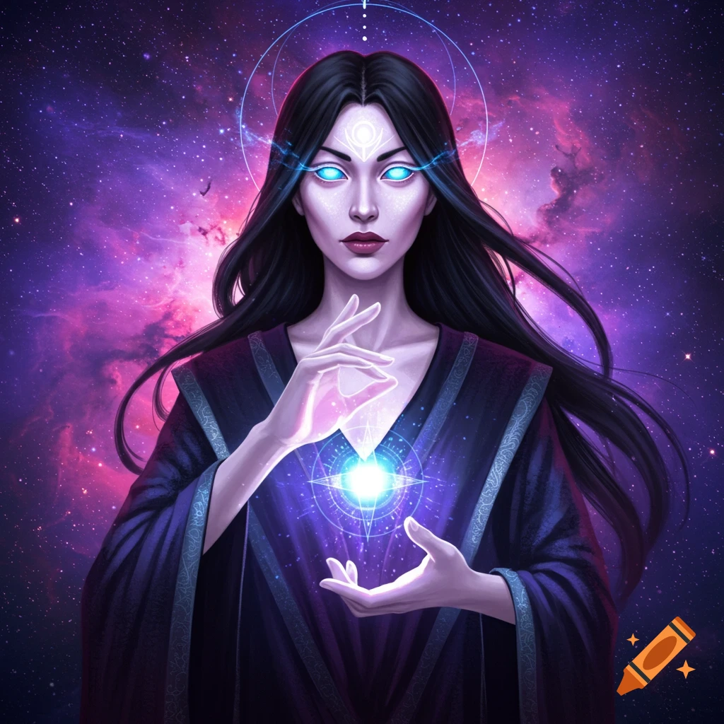 A woman with glowing eyes holds a radiant energy orb against a starry cosmic background.