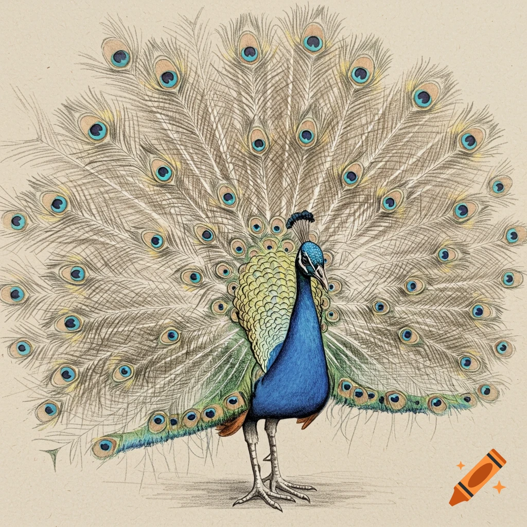 Sketch of a peacock displaying its tail feathers.