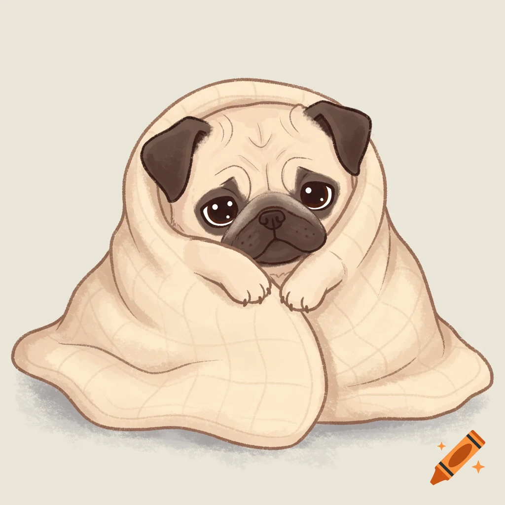 An illustration of a pug dog wrapped up in a blanket.