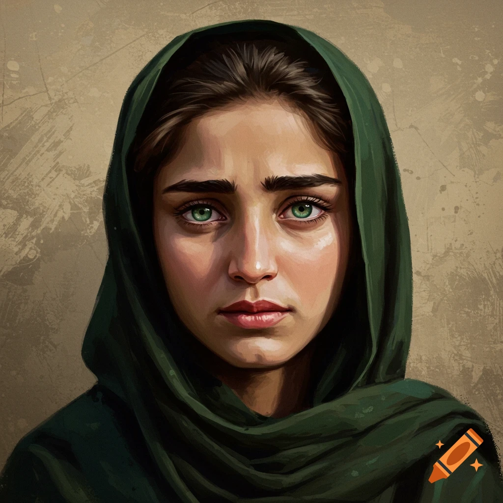 A woman with green eyes is wearing a green hijab.
