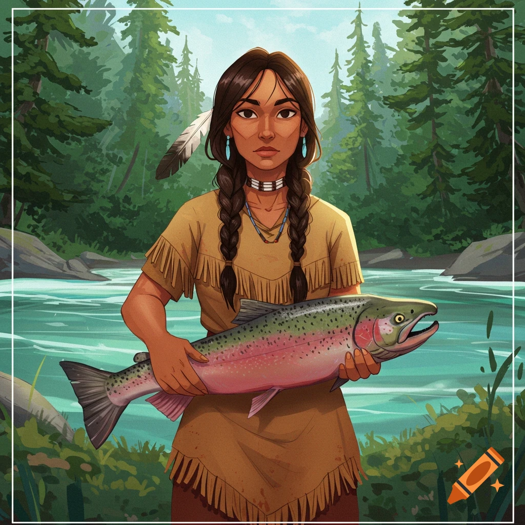 A Native American woman holding a large salmon by a river.