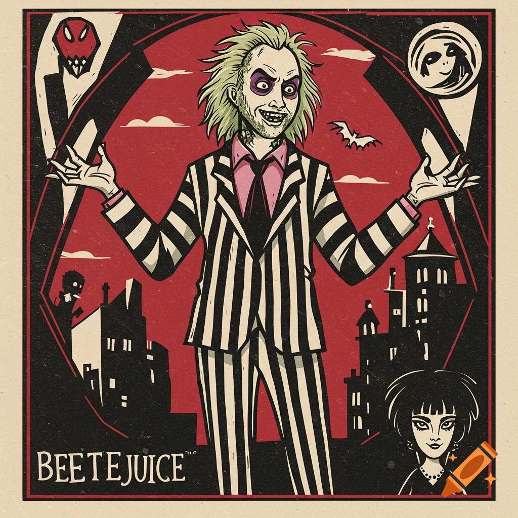 Stylized woodcut art deco illustration of Beetlejuice in a striped suit with a city background.