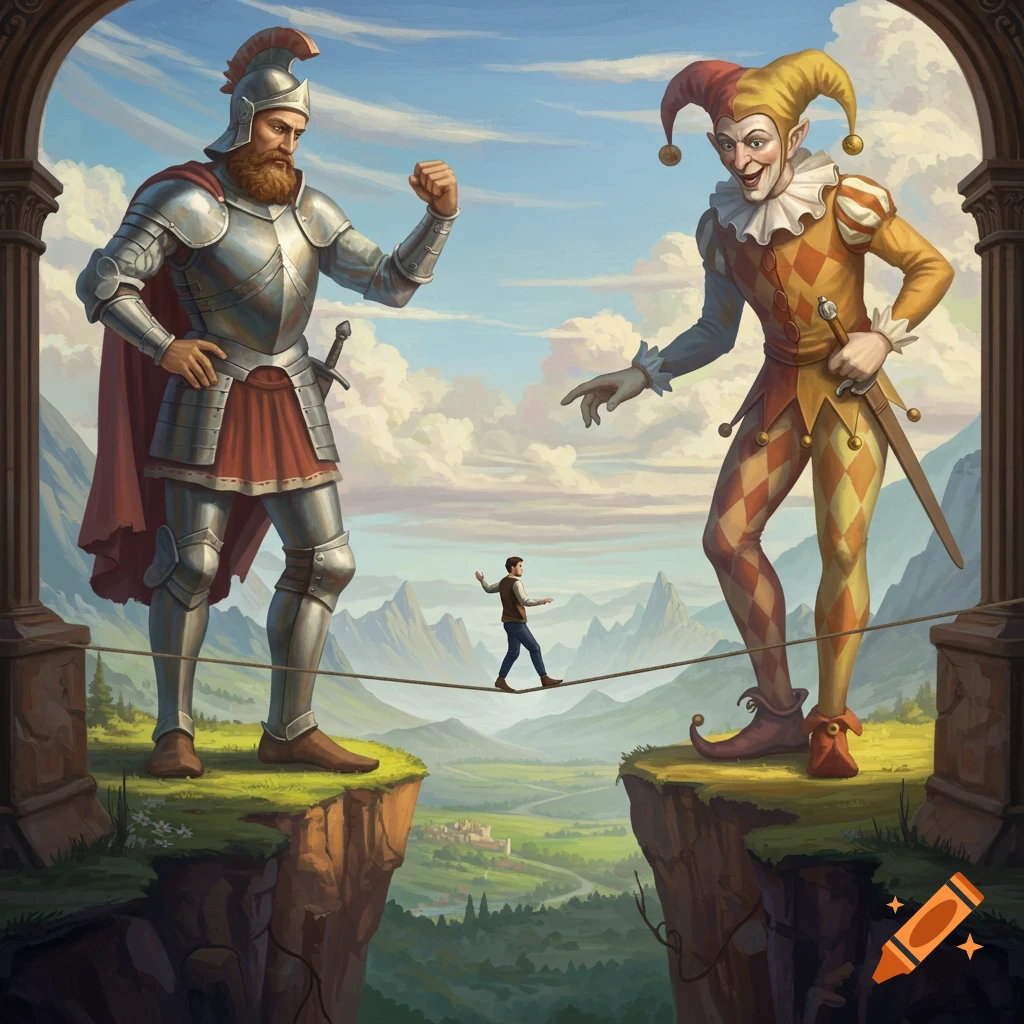 A man walks a tightrope high above a valley, balanced between a giant knight and a giant jester.