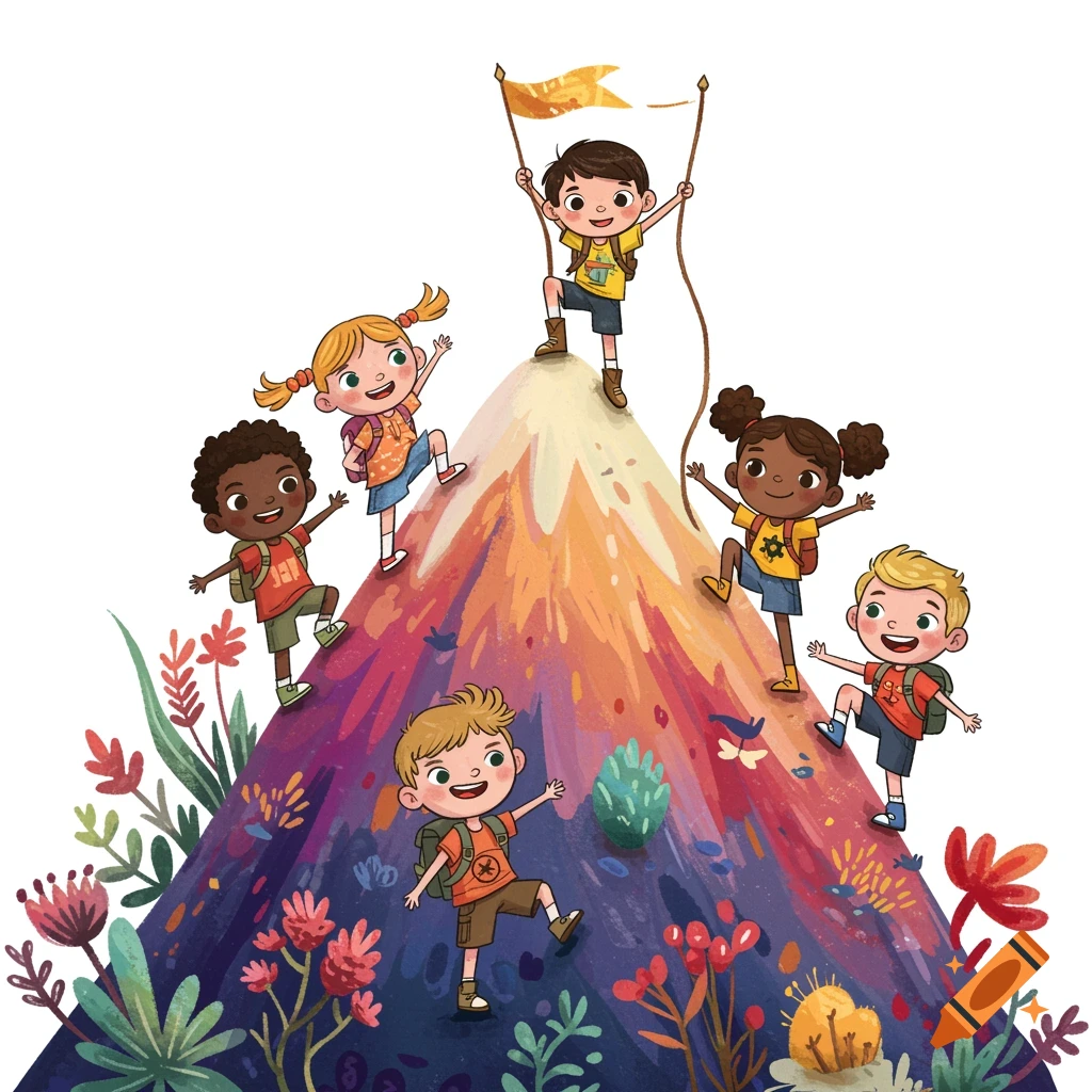 Cartoon illustration of multiethnic children hiking up a colorful mountain, holding a flag at the top.