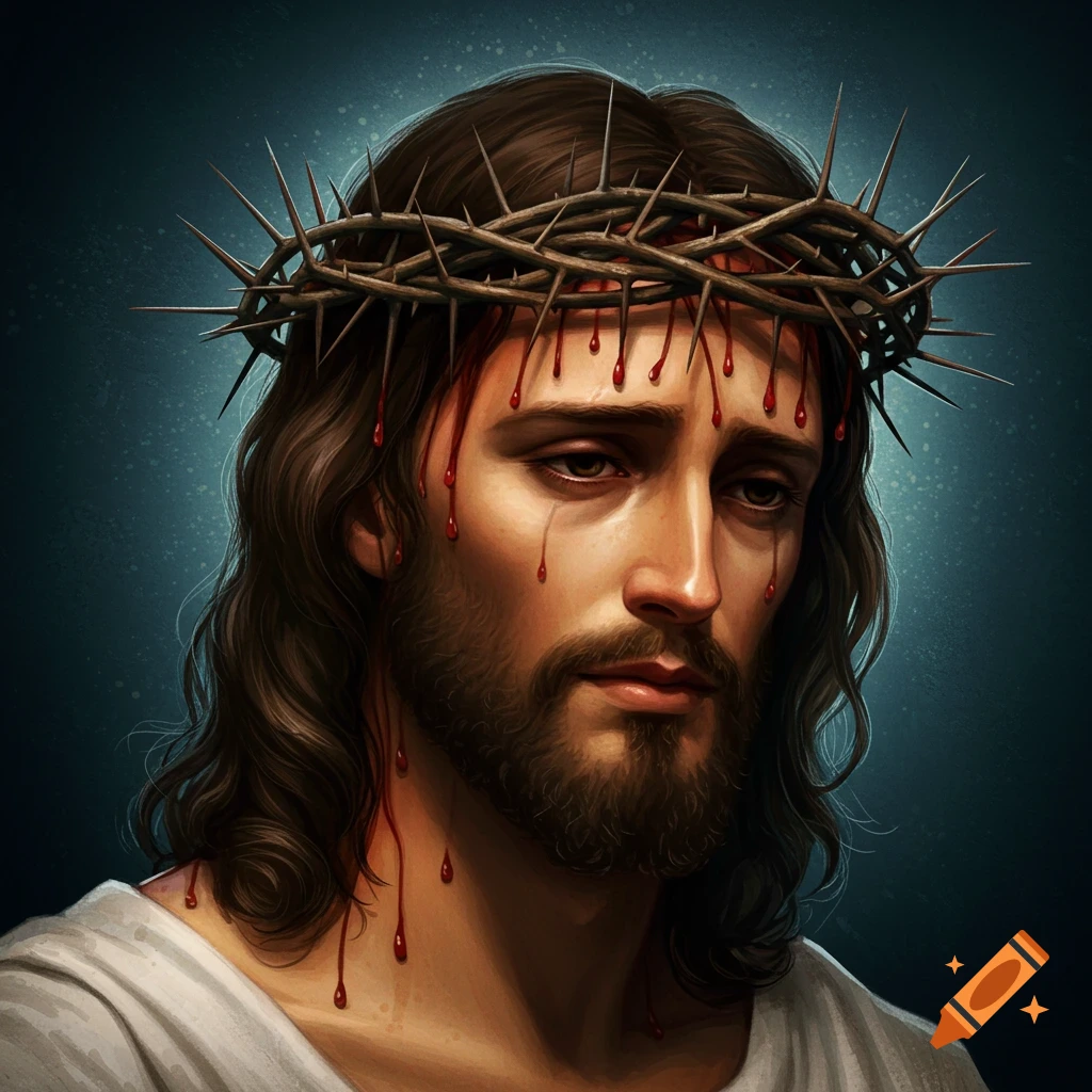 Portrait of Jesus Christ wearing a crown of thorns with blood dripping.