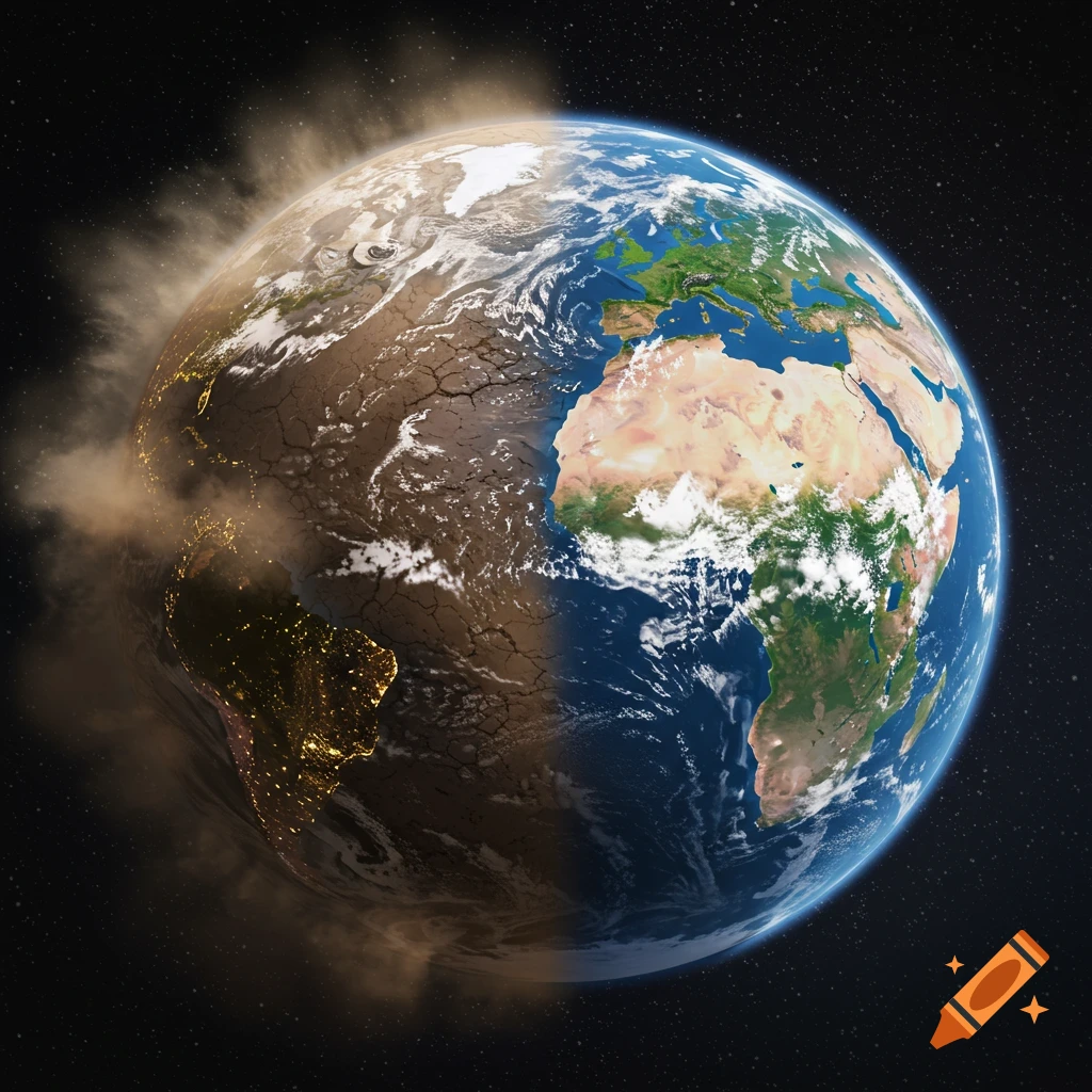 Earth split in half, showing a withered, cracked, dusty night side and a healthy, green, blue day side from space.