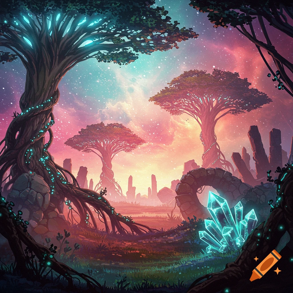 A fantasy landscape with glowing trees, crystals, and ruins under a colorful sky.