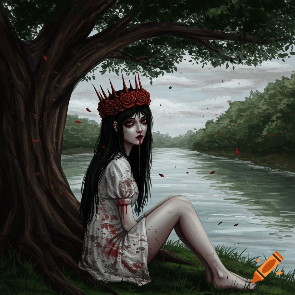 Girl with black hair, red eyes, wearing a crown of red roses and blood-stained white dress, sitting under a tree by a river.