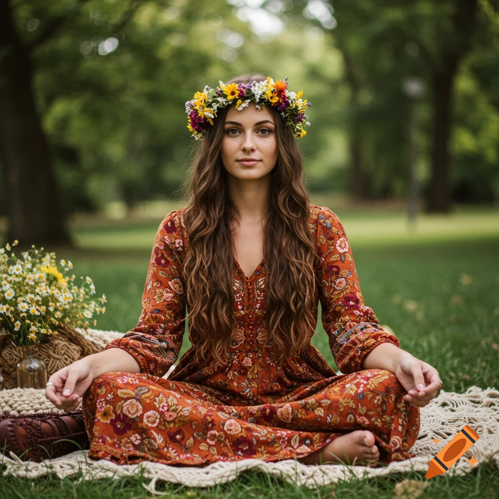 Woman with flower crown sitting on a blanket in a park