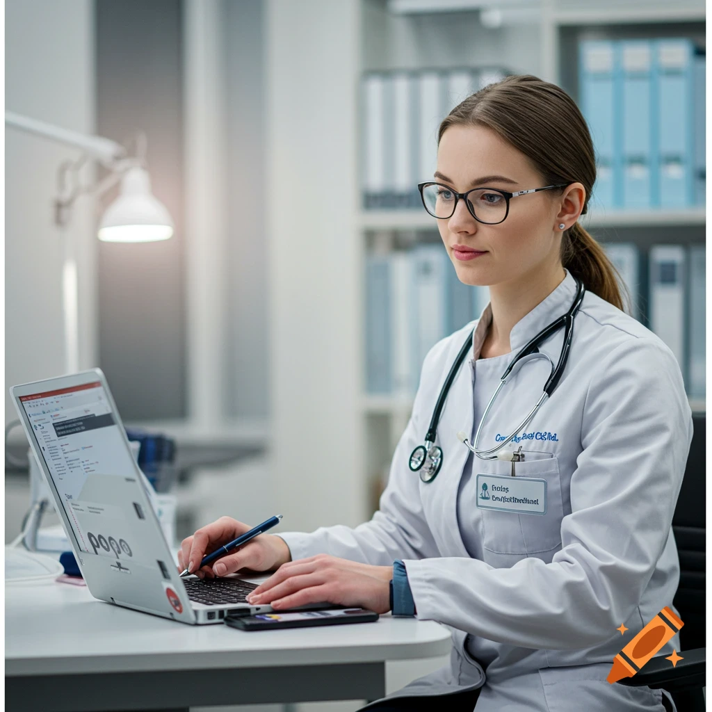 A female doctor in a white coat and glasses works on a laptop in a medical office. Photorealistic style.