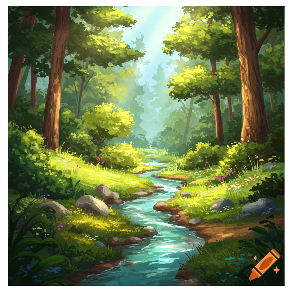 A sunny forest scene with a stream flowing through bright greenery, rocks, and trees.