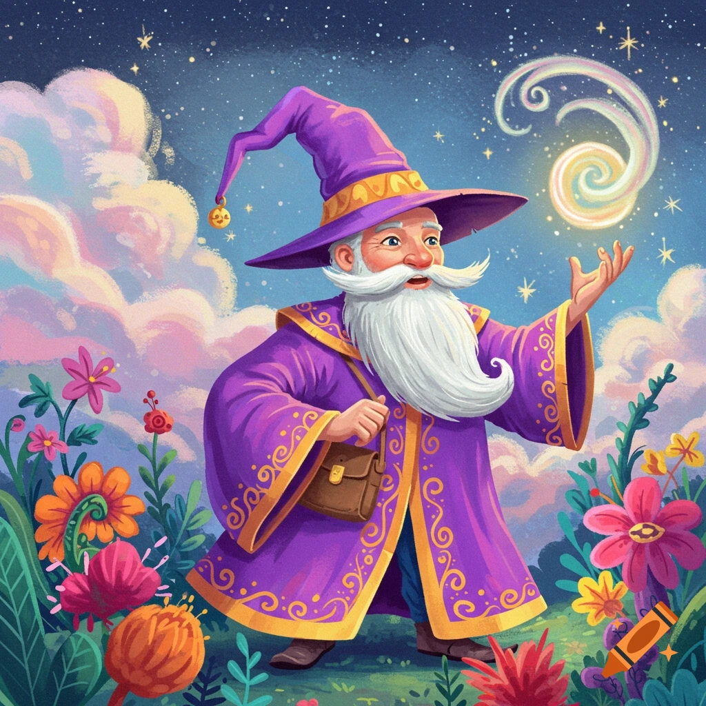 A cheerful wizard in a purple robe stands among colorful flowers under a starry sky, casting a spell.