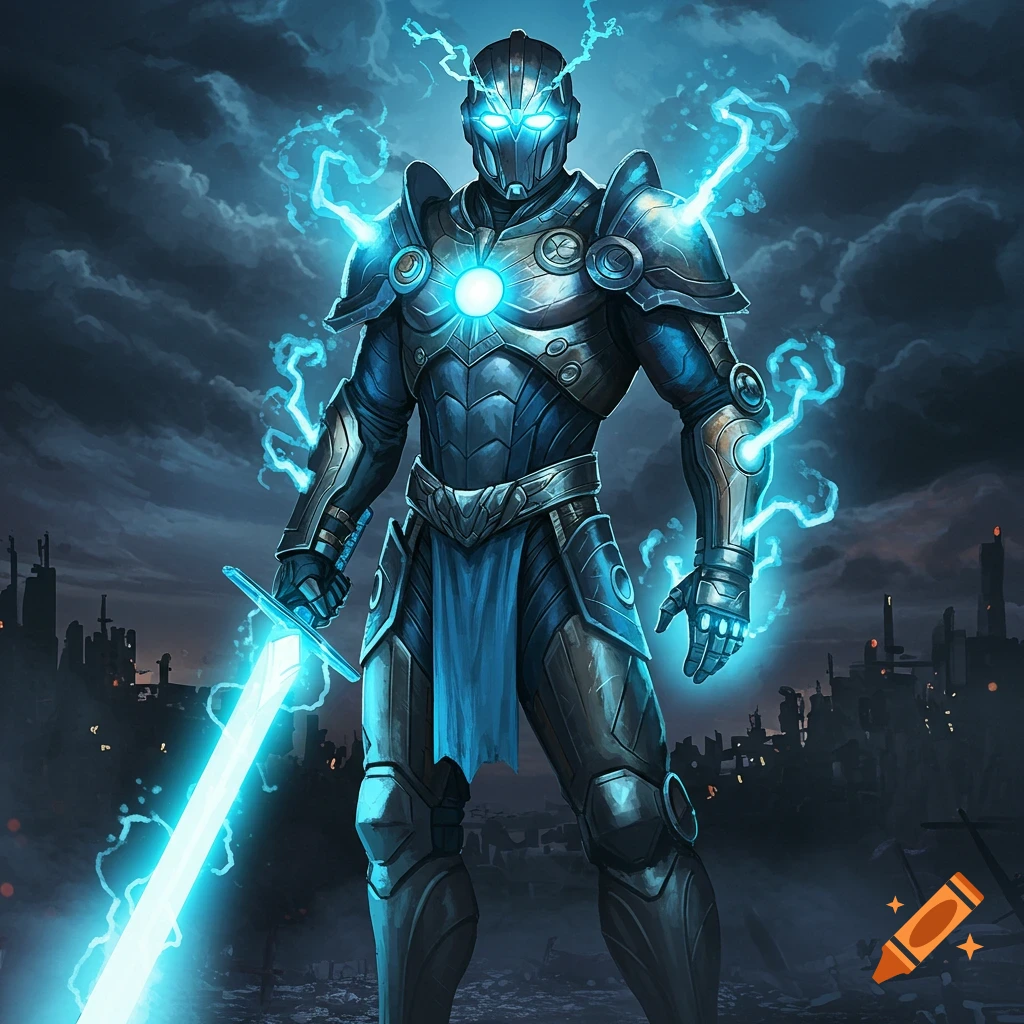 A hero in glowing blue armor with a glowing sword stands in a ruined city.