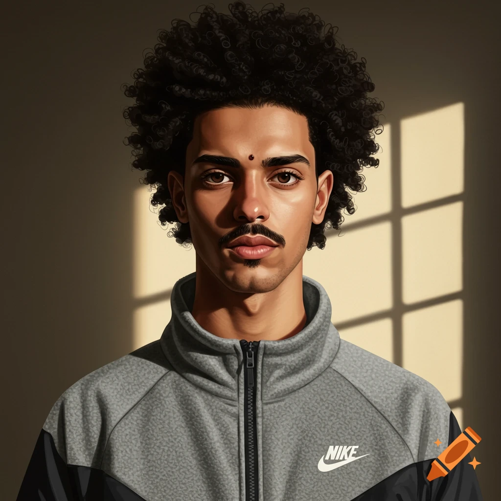 Portrait of a man with curly hair wearing a grey and black Nike jacket.