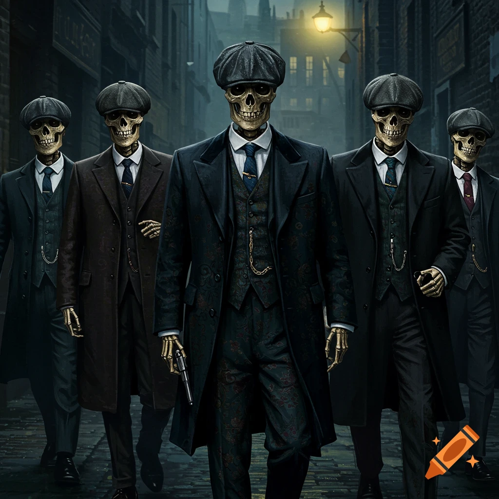 Five skeletons wearing suits and flat caps walk down a dark street at night.