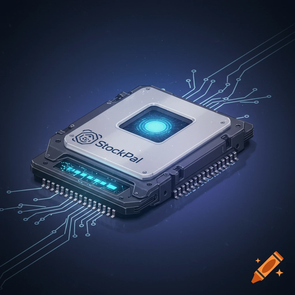A futuristic computer chip with the StockPal logo