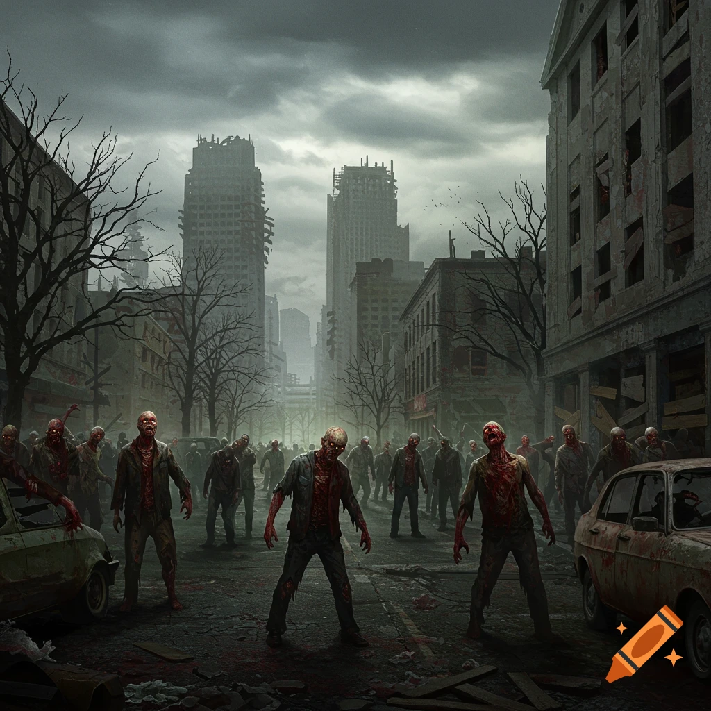 A horde of zombies walking down a ruined city street under a grey, cloudy sky.