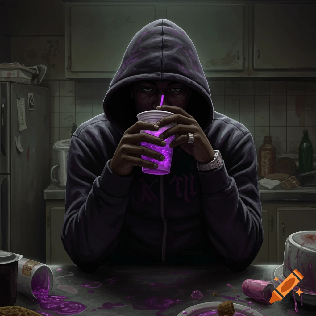 A hooded figure drinking purple liquid from a cup in a dark, messy kitchen.