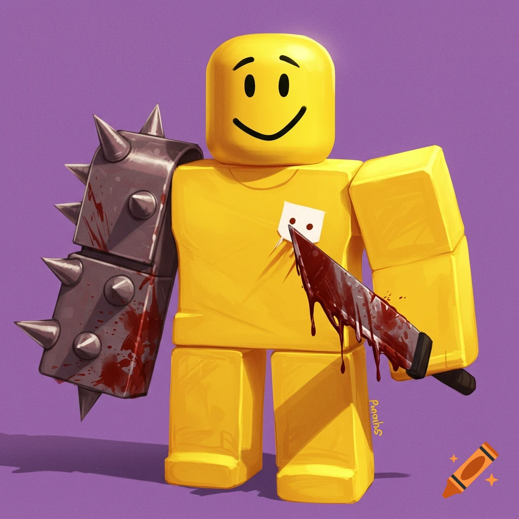 A Roblox character with a spiked arm and a bloody knife stabbed in its chest.