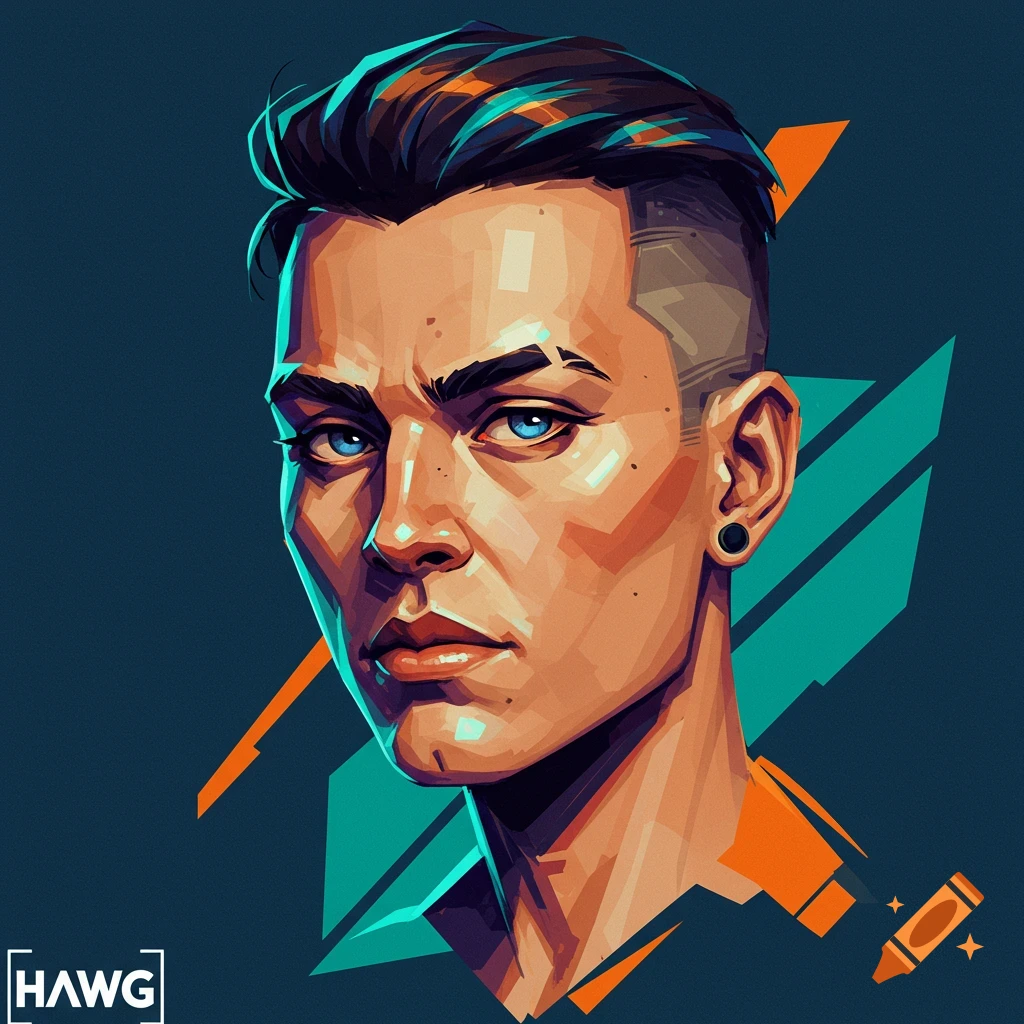 Stylized digital portrait of a person with undercut and blue eyes, with abstract shapes and the text HAWG.