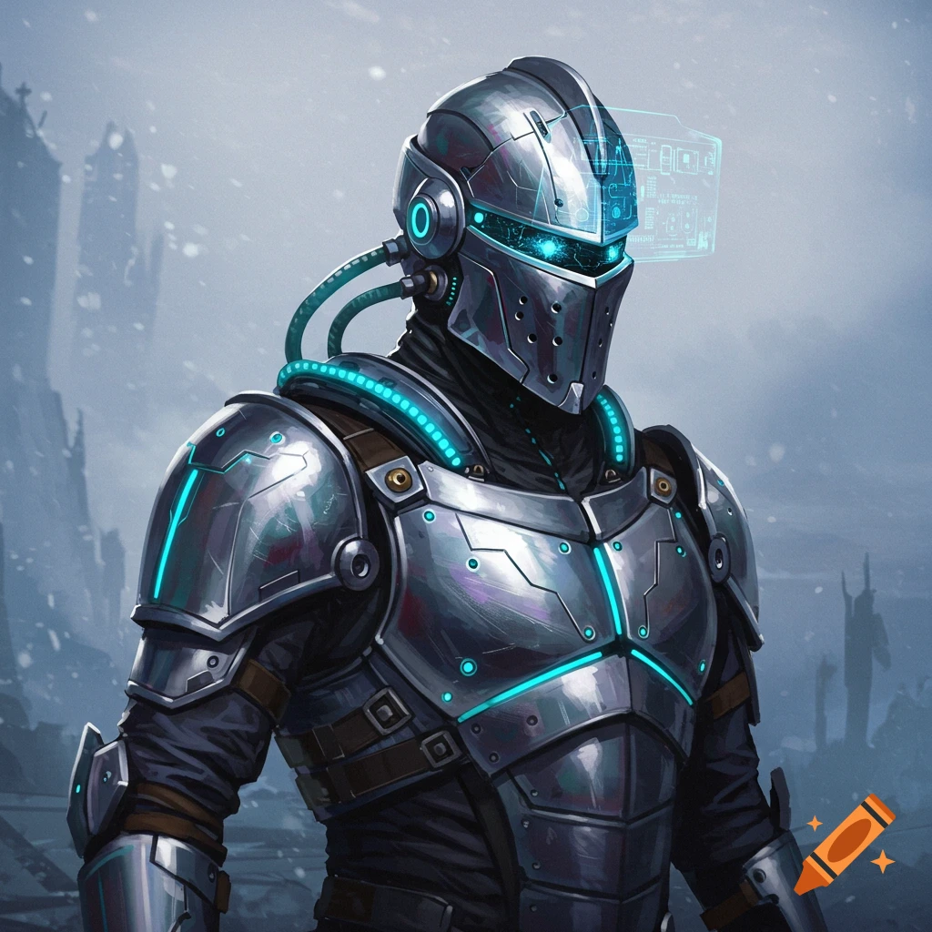 A close-up of a high-tech knight wearing futuristic armor with glowing blue accents.