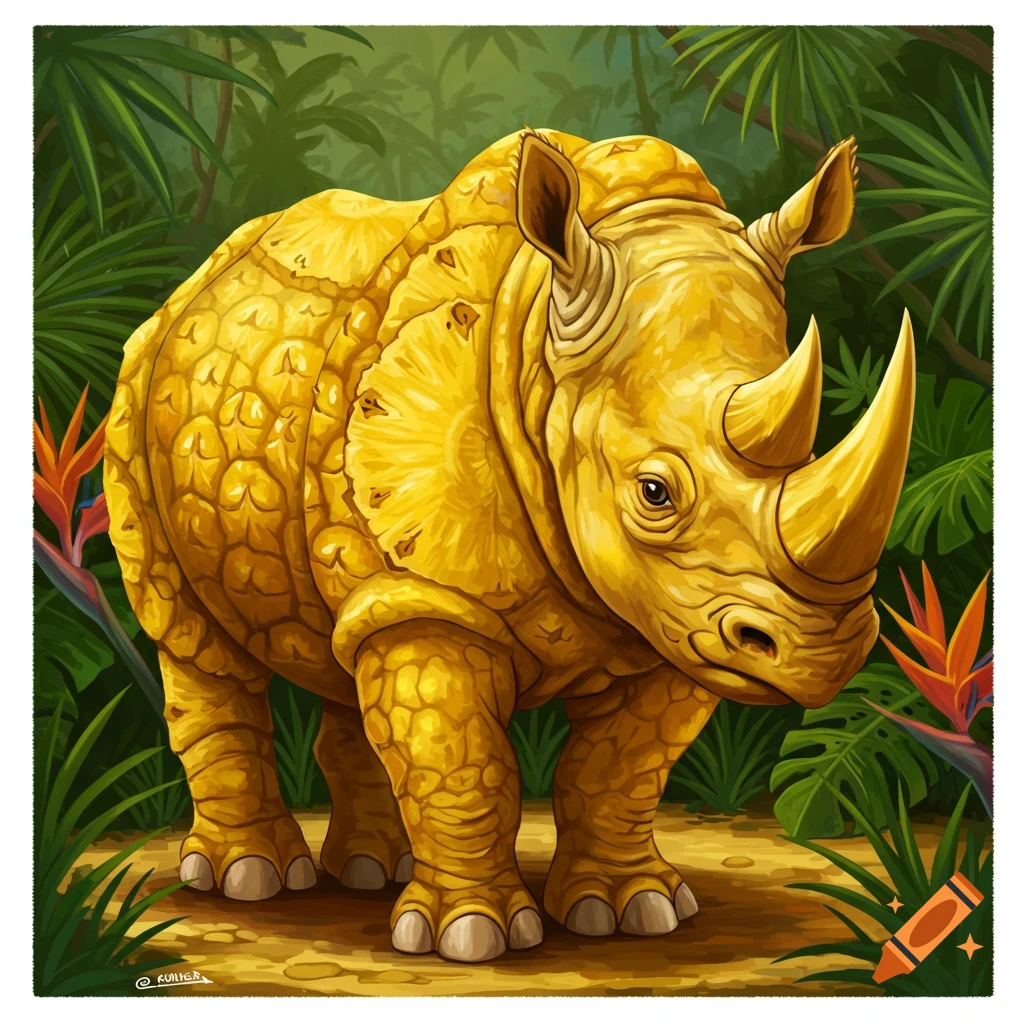 A pineapple-textured rhino stands in a lush jungle setting.