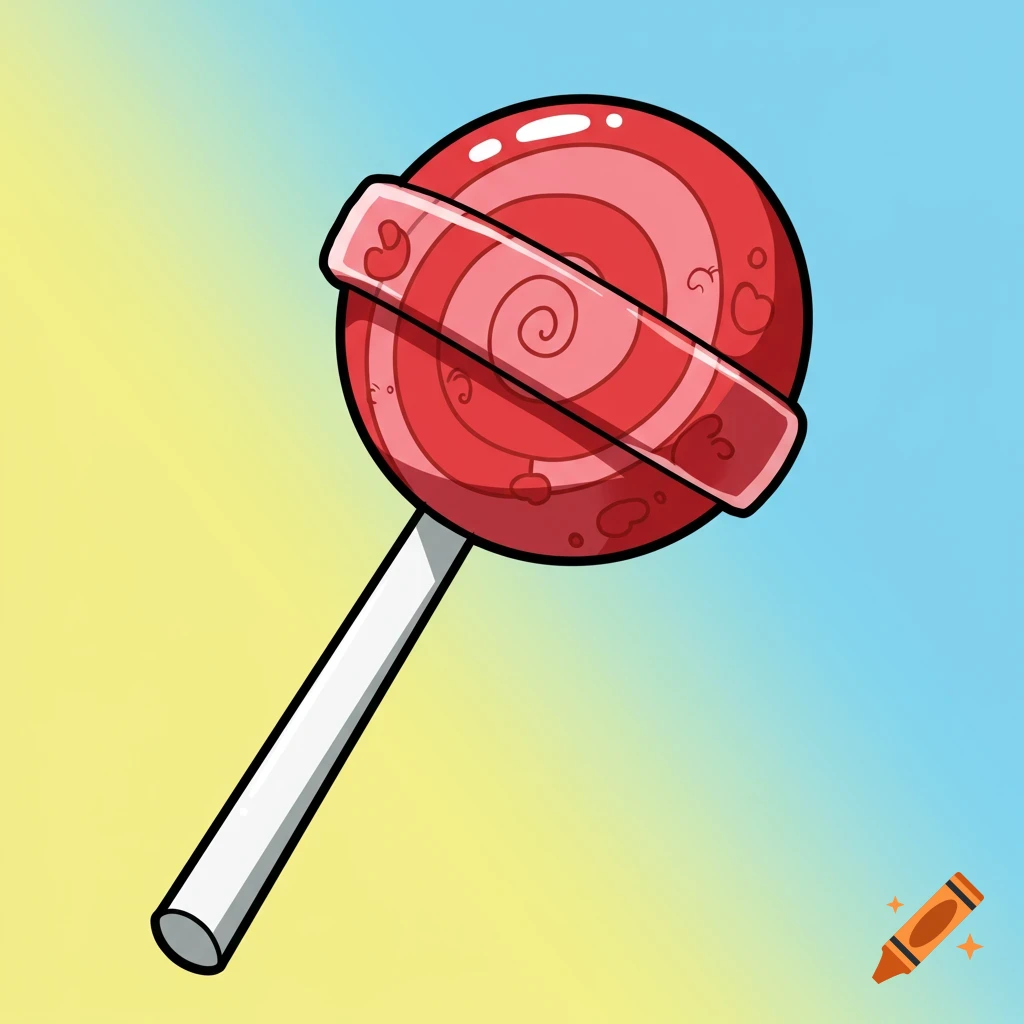 A cartoon red swirl lollipop on a yellow and blue background.