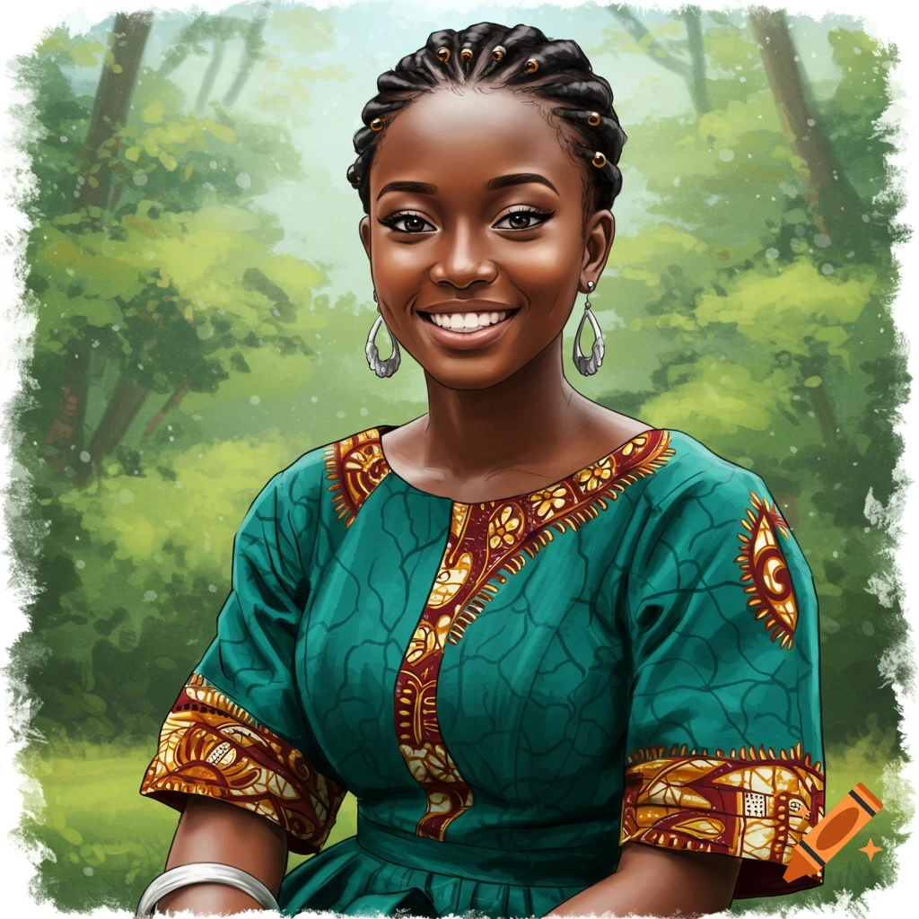 A smiling Black woman with braided hair and earrings, wearing a patterned teal dress, is in a nature setting.