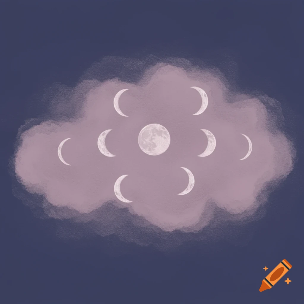 Digital illustration of moon phases within a soft cloud shape on a dark background.