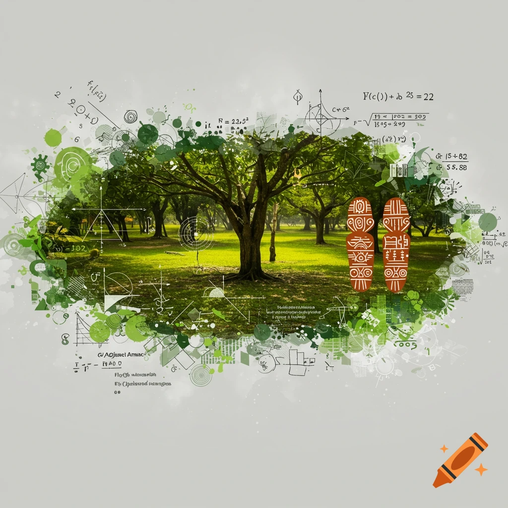 An abstract collage featuring a park scene blended with mathematical equations, geometric patterns, and Ghanaian Adinkra-like symbols.