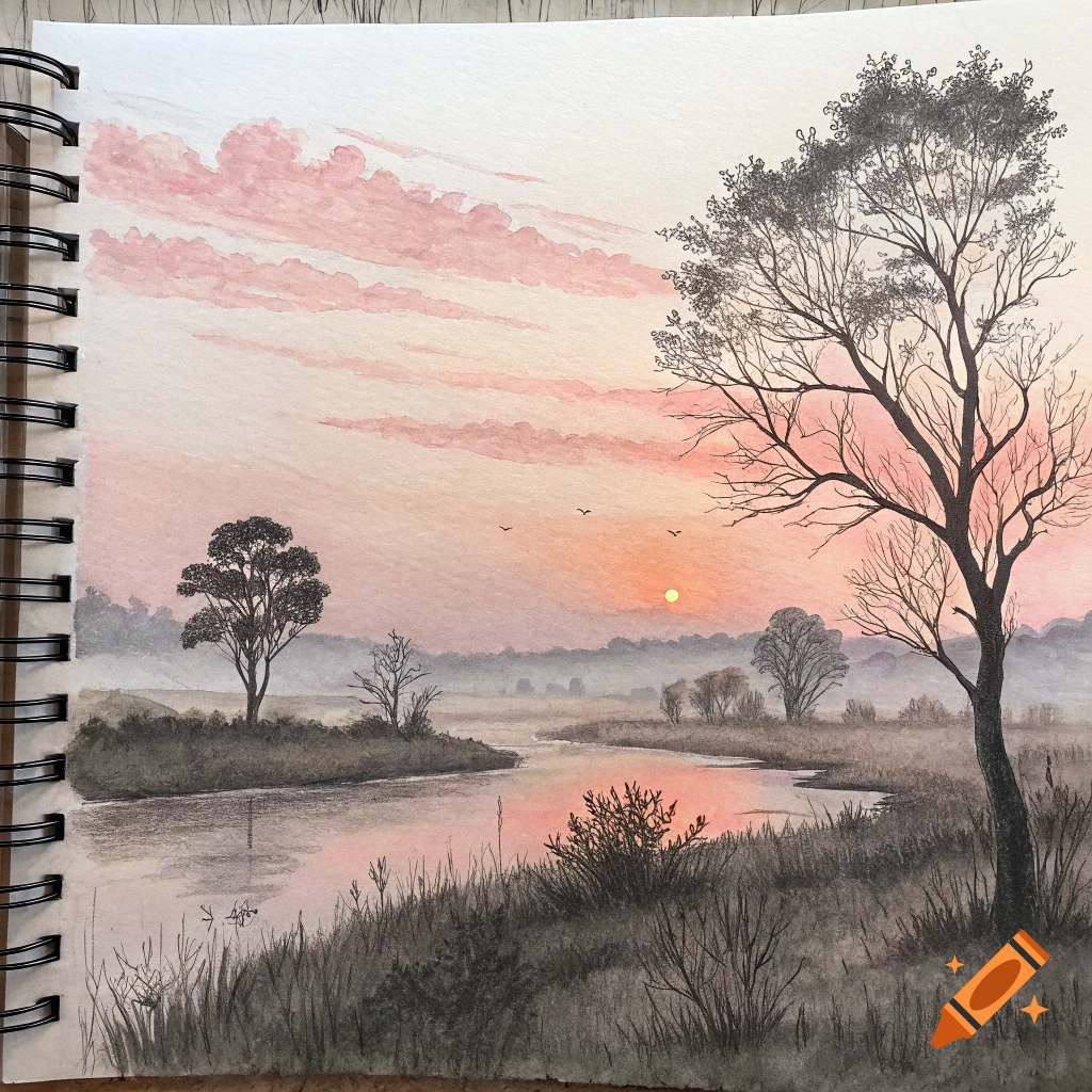 Watercolor sketch of a sunset over a river landscape with trees and birds.