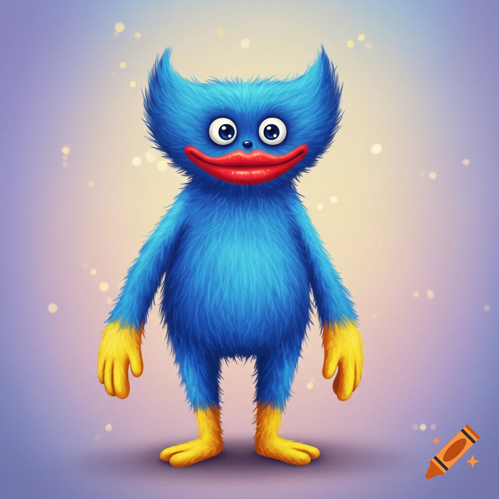 A furry blue monster with large red lips, yellow hands and feet, standing against a bokeh background, digital art.
