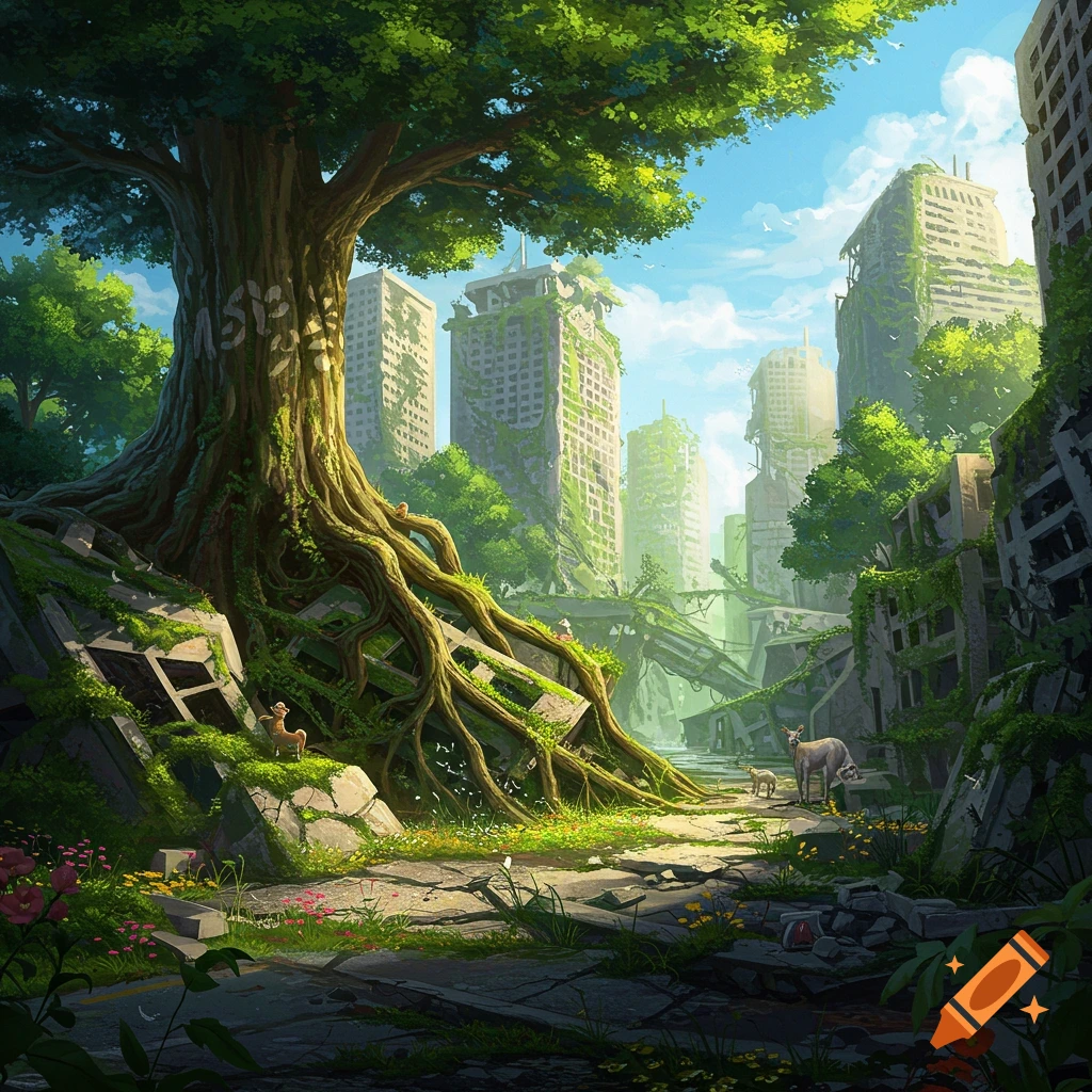 A large tree with exposed roots grows over ruined buildings in an overgrown city, with deer nearby.