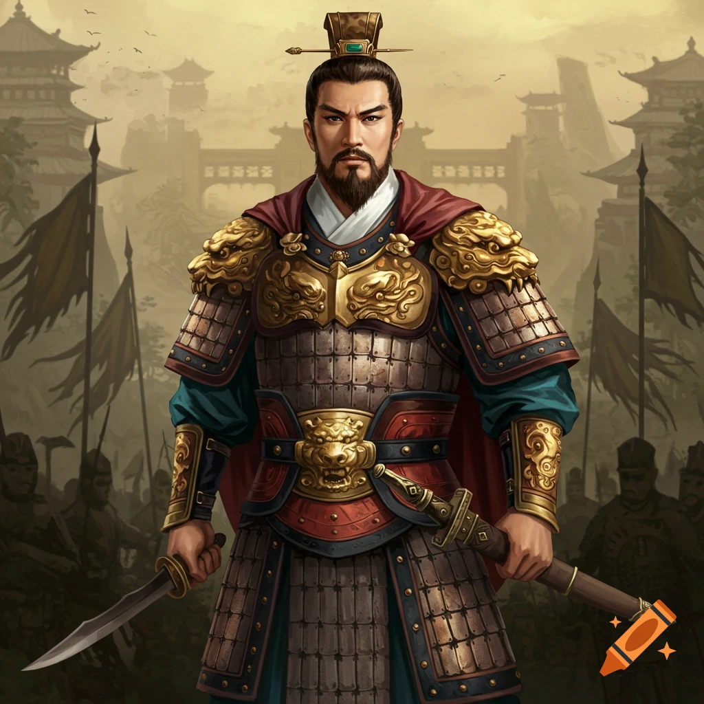 Painting of a Chinese officer in armor holding swords