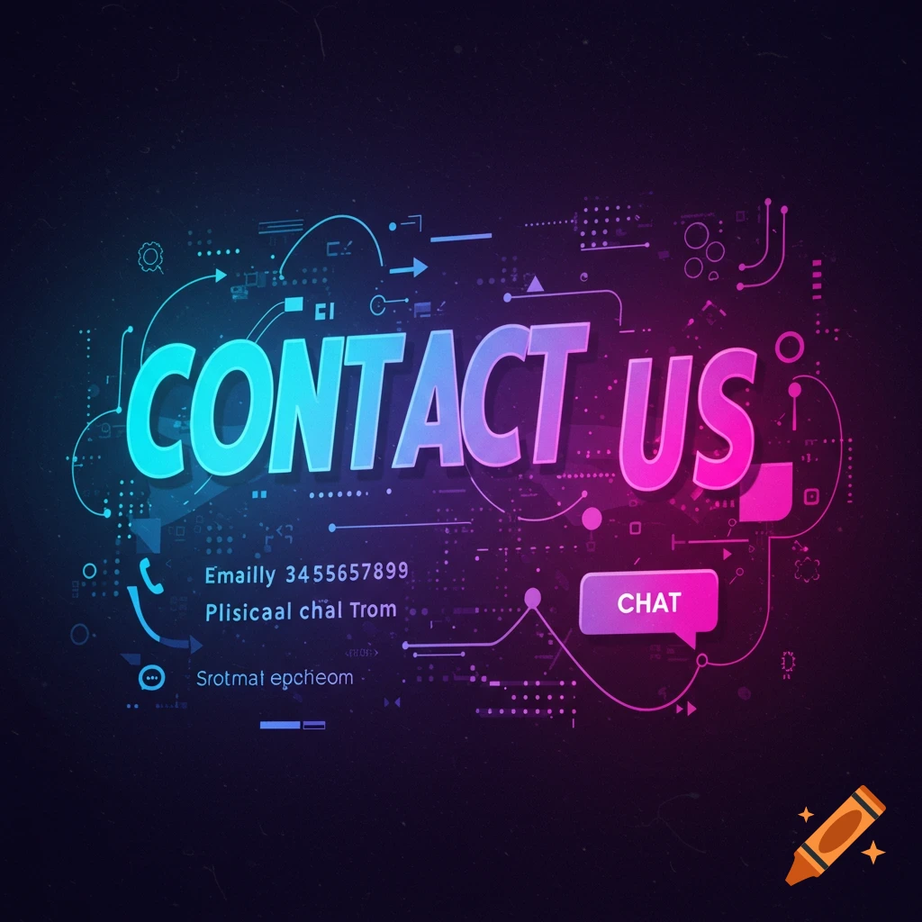 Digital graphic with CONTACT US text and a network/data background