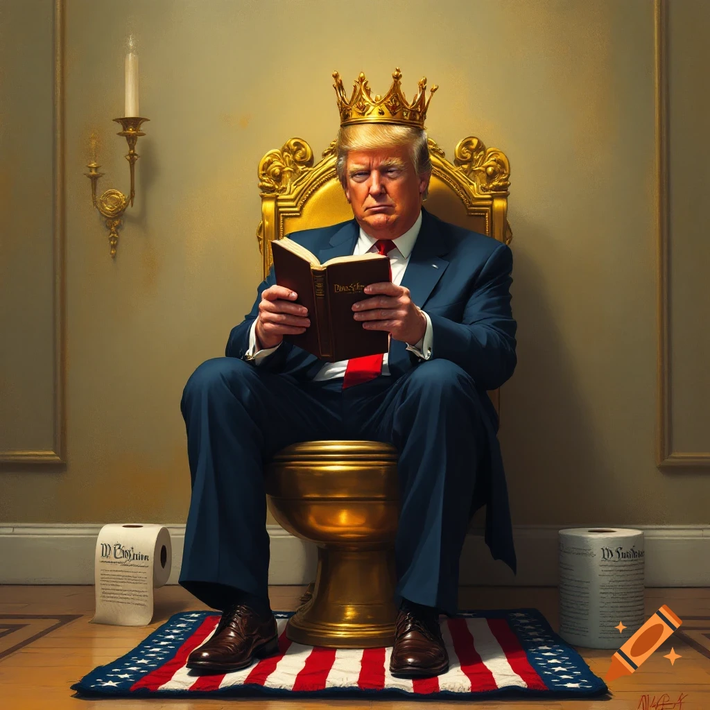 Donald Trump on a gold toilet wearing a crown, reading a book, with feet on an American flag mat and toilet paper rolls
