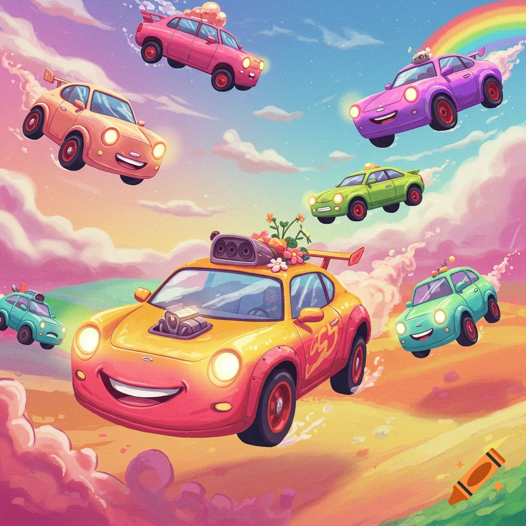 Colorful cartoon cars fly through a cloudy sky with a rainbow