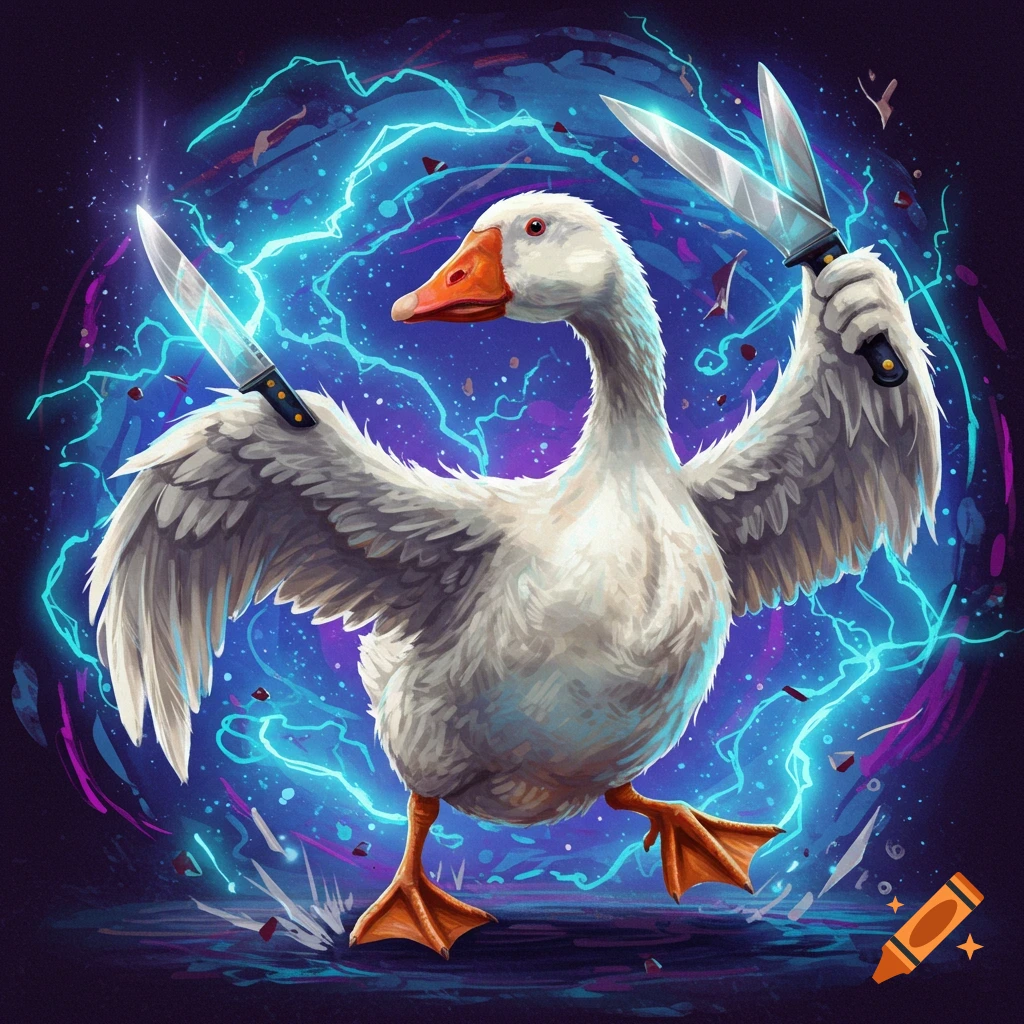 A goose with knives in its wings, surrounded by blue and purple electricity.