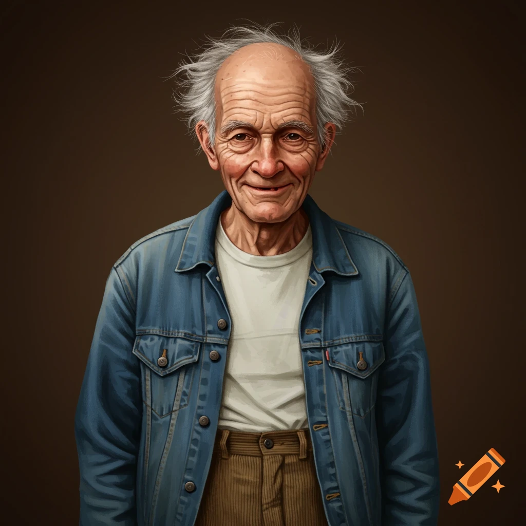 An old man smiling, wearing a denim jacket.