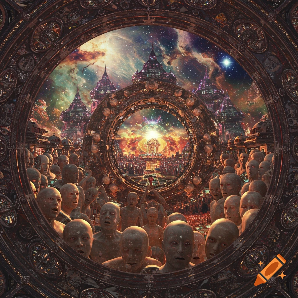 Surreal image of many humanoid figures looking through an ornate circular frame at a city in a cosmic realm.
