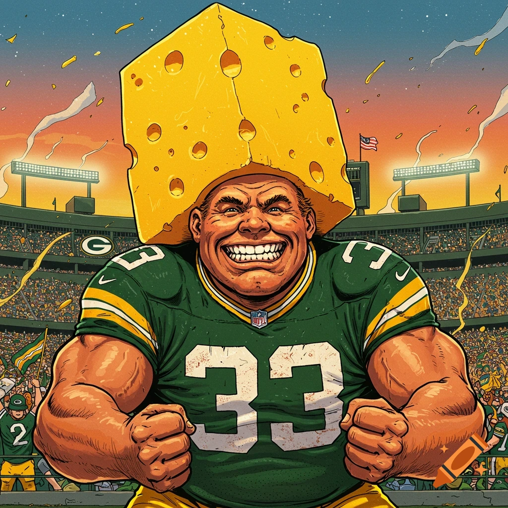 Muscular Green Bay Packers fan wearing a cheesehead hat and jersey #33 flexing in a stadium.