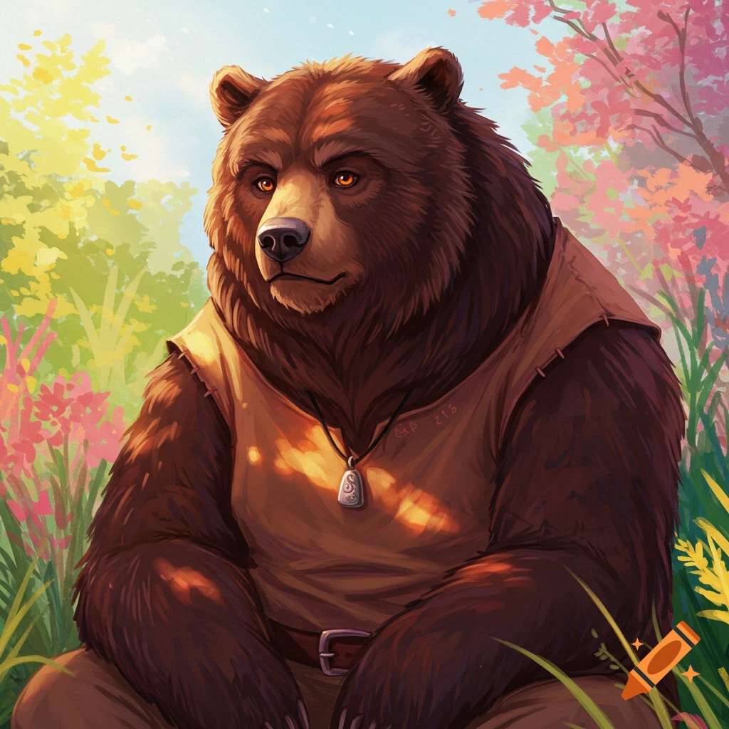 A brown bear character is depicted wearing a vest, sitting in a forest.