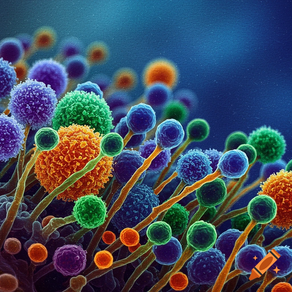 Colorful mold spores viewed up close