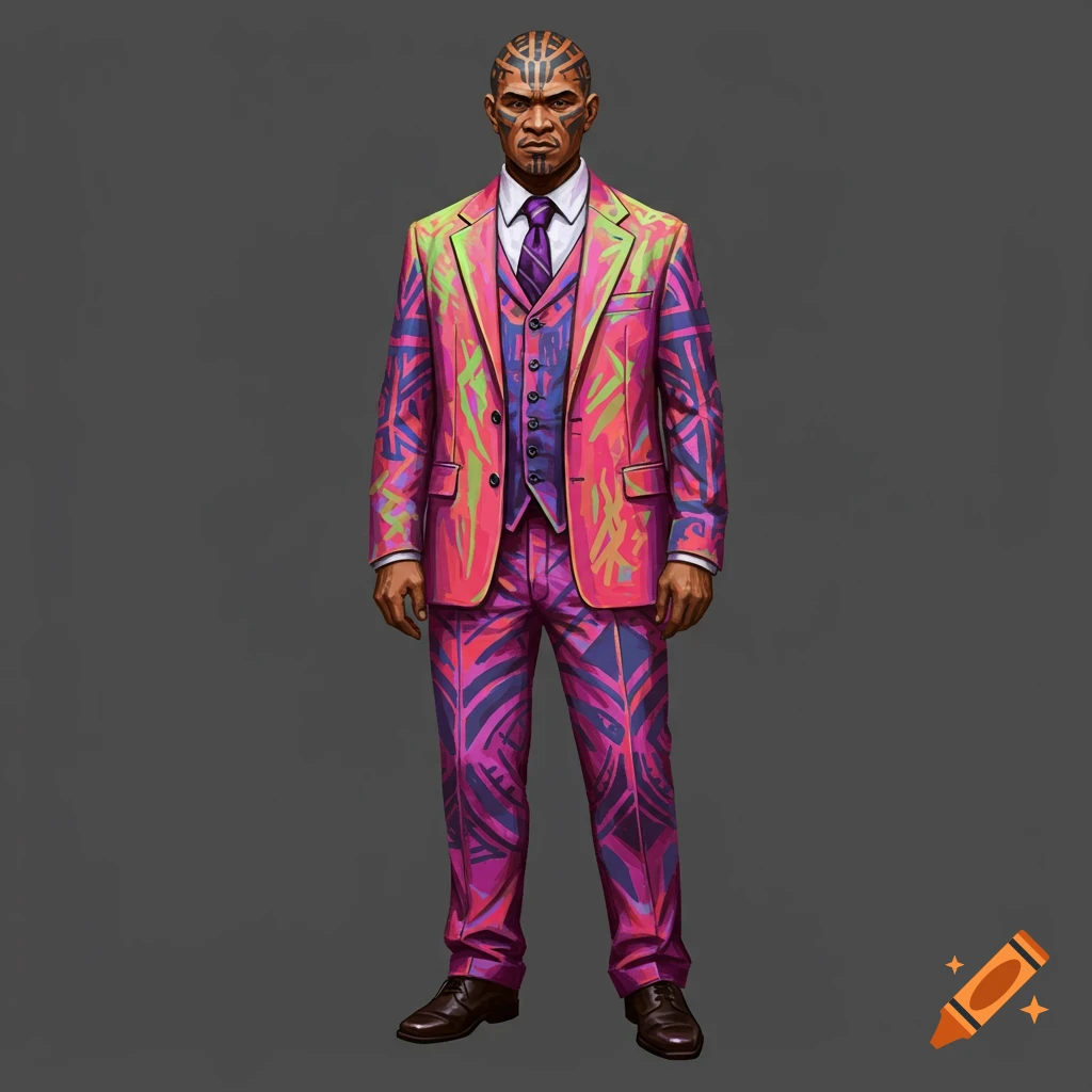 Man with tribal head tattoos wearing a colorful suit with abstract patterns.