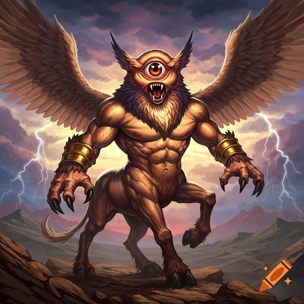 A winged cyclops beast with claws stands on rocks during a lightning storm.