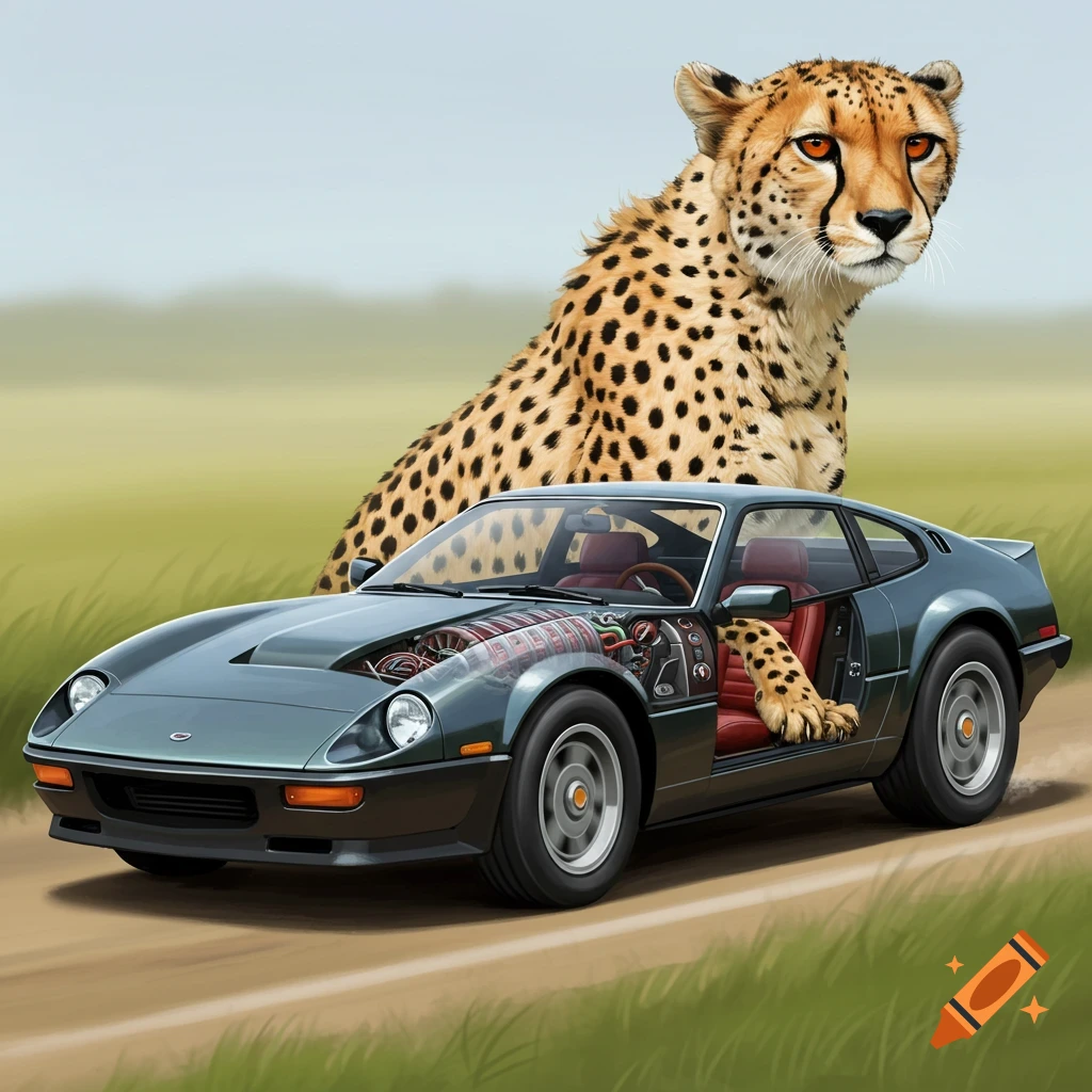 A cheetah blended with a sports car is in a landscape.