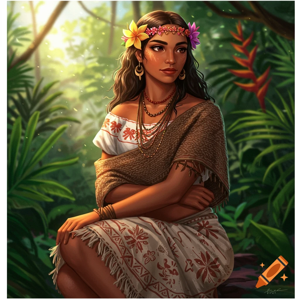 A woman with flowers in her hair, wearing traditional clothing, sits in a sunlit tropical forest.