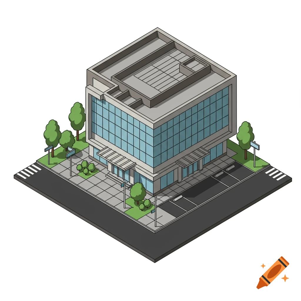 Isometric vector graphic of a modern business building exterior with trees, sidewalk, and parking lot.